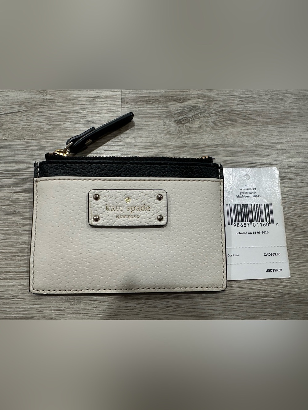 CH169 Kate Spade Adi Grove Street Card Holder Case Pebbled Leather Black/Cream